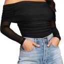 SAUNGKUAI Women's Off The Shoulder Long Sleeve Bodysuit Sexy Slimming Body Suit Tops Sheer Mesh Ruched Fall Outfits 2025 (Large, Black)