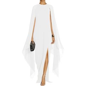 MAYFASEY Women's Elegant High Split Flare Sleeve Formal Evening Gowns Maxi Dress with Cape (White, M)