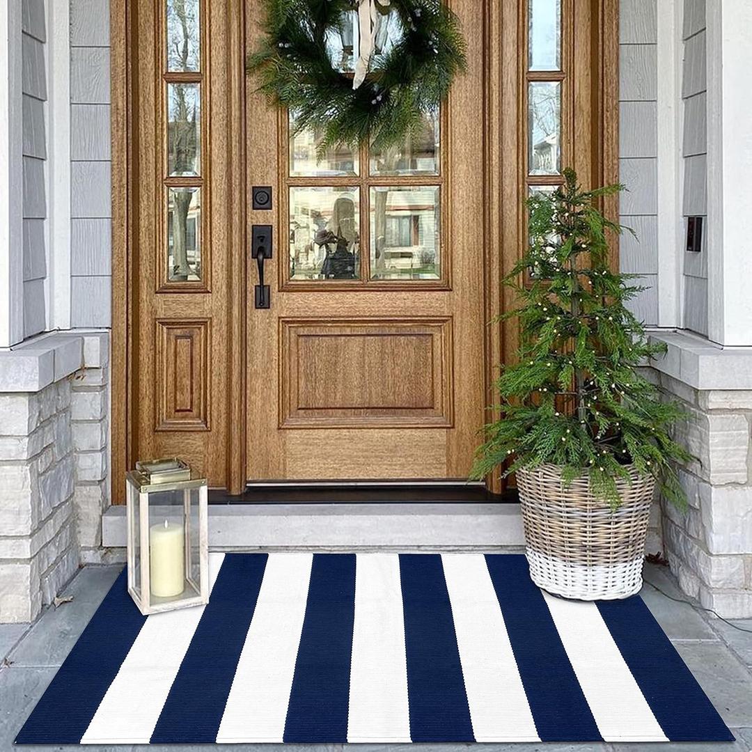 KOZYFLY Striped Outdoor Rug 27.5x43 Inches Front Door Rug Navy and White Woven Cotton Washable Outdoor Doormats Outdoor Entrance Mat for Front Door Entryway Patio Front Porch