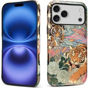 Case for iPhone 17 Pro Max,Hybrid Heavy Duty 2 in 1 Full Body Rugged Shockproof Protection Glossy Case for iPhone 17 Pro Max Fun Tiger Butterfly Collage