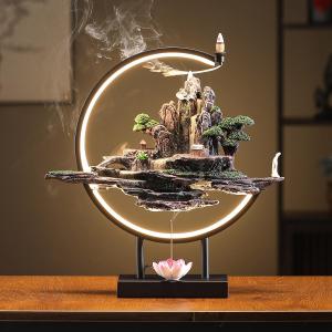 Backflow Incense Waterfall Fountain Burner with Adjustable LED Light Ring,Resin Rockery Landscape Ornament insence-Stick Holder,Compatible with Cone and Stick Incense (Grayish Green)