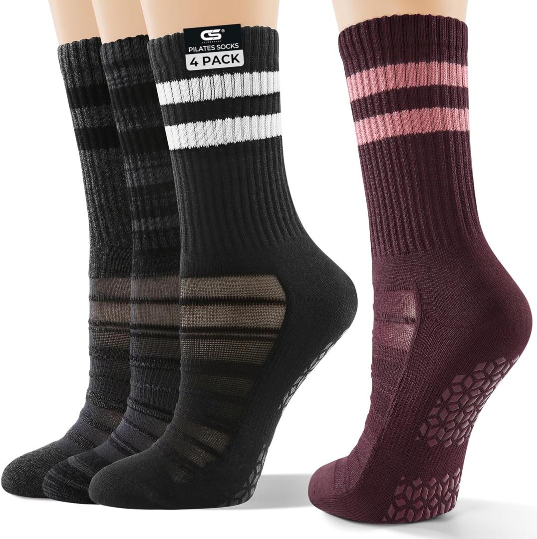 2 x CS CELERSPORT Pilates Socks for Women, 4 Pairs Yoga Crew Non Slip Grip Socks for Barre Hospital Gym (S)