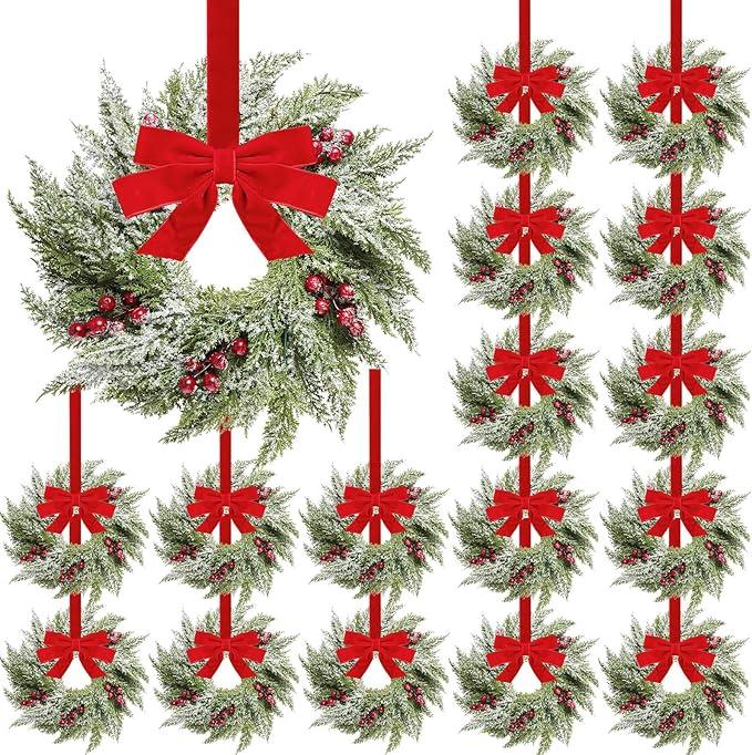18 Pcs Small Christmas Norfolk Wreaths 15 Inch Christmas Kitchen Cabinet Mini Wreath Real Touch with Bow Ribbon Cedar Red Berry for Xmas Front Door Window Chair Fireplace Table Pillar Farmhouse Decor