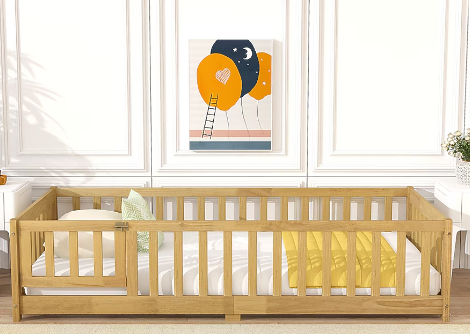 LOVMOR Twin Size Floor Bed with Fence and Door Rubber Wood Floor Bed with Safety Guardrails Natural