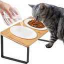Sunhoo Ceramic Elevated Cat Bowls Raised Puppy Dishes for Food and Water Tilted Wooden Stand for Indoor Cats 5.5 inch Wide Double Dish Orthopedic Reduces Vomiting (Wood Color)