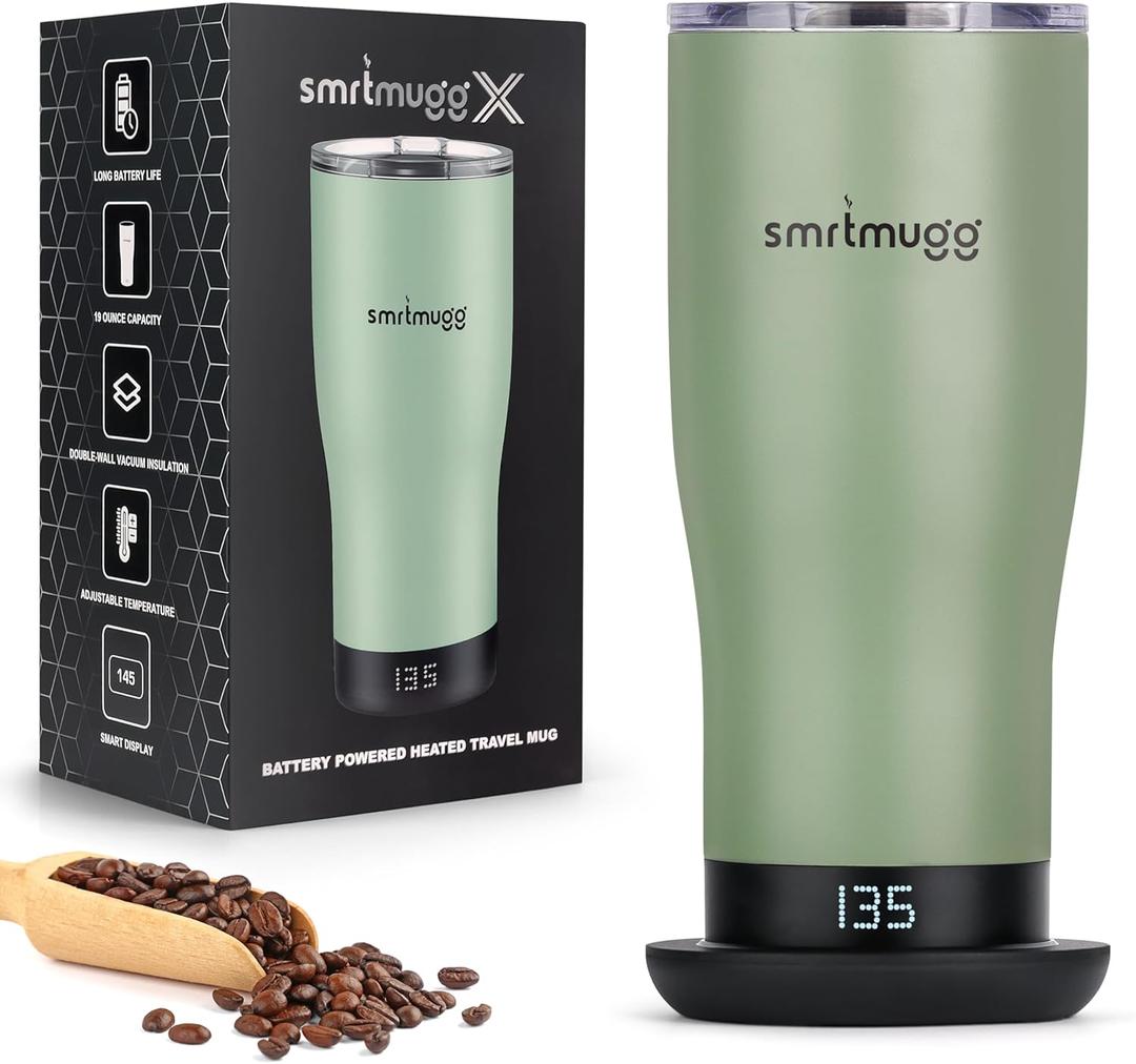 SMRTMUGG X Heated Coffee Mug 19 oz., 8 Hour Battery Life, Self-Heating, Adjustable Temp Controlled, LCD Screen, Includes Cover with Magnetic Slider (Black) (Sage Green)