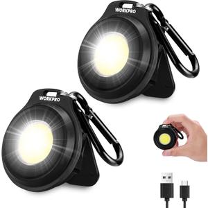 WORKPRO COB Keychain Light, 2Pcs Small Work Keychain Flashlight with Hat Clip, EDC Rechargeable Magnetic 3 Light Modes Carabiner Flashlight for Running, Emergency Hiking and Repairing, Black