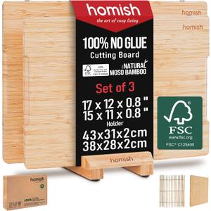 Bamboo Cutting Boards Set with Stand - 3 Piece Charcuterie Board with Handle, Truly Glue Free, Non Toxic Wood Chopping Serving Boards for Kitchen Gift Set - Dishwasher Safe [New 2026 Upgrade]