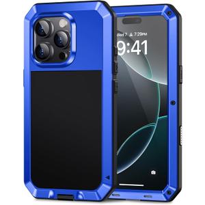 Lanhiem for iPhone 16 Pro Max Case, Metal Heavy Duty Shockproof Tough Rugged Case with Built-in Glass Screen Protector, 360 Full Body DustProof Strong Protective Phone Case for 16 Pro Max 6.9", Blue