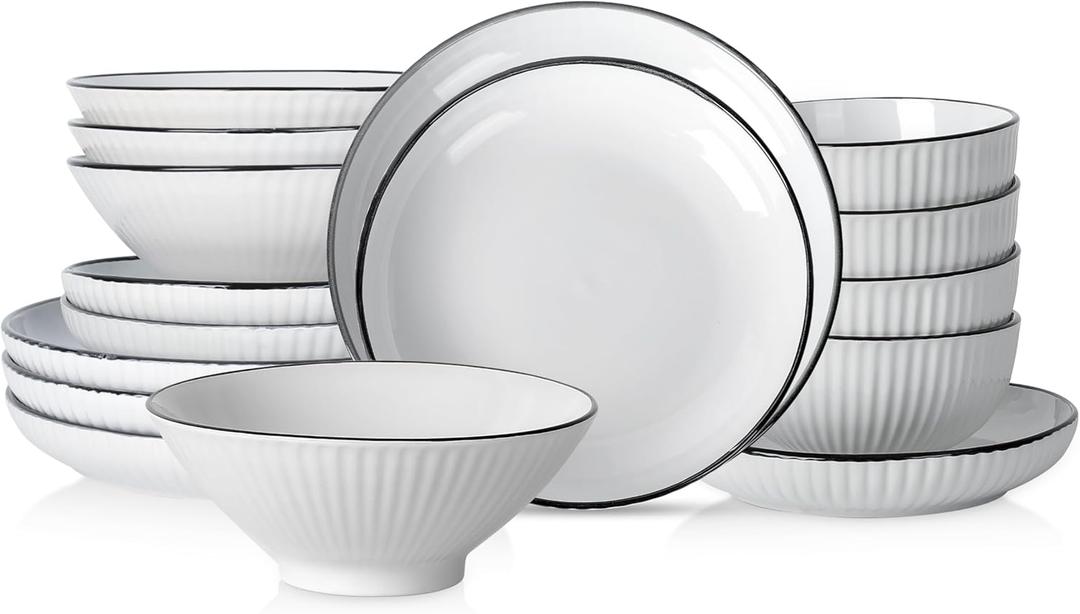 Christian Siriano Lustra Modern 16-Piece Stoneware Dinnerware Set, Plates and Bowls Set, Dinner and Salad Plates, Ramen Bowls, Dishes for 4, White