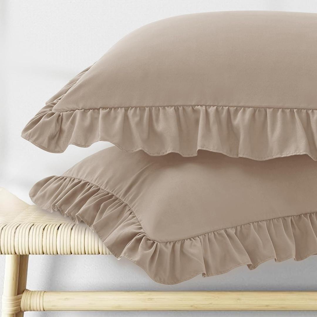 KKJIAF Ruffle Pillow Cases Queen Size Set of 2, Khaki Ruffled Pillow Covers with Envelope Closure, Wrinkle Resistant Pillowcases 20" x 30", Ruffled Pillow Shams