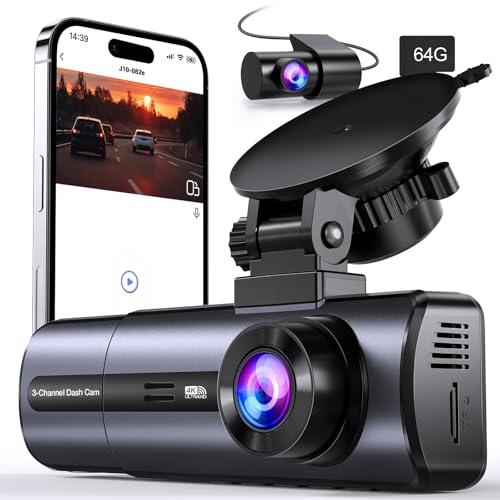 3 Channel 4K Dash Cam with 5GHz WiFi & APP Control, 4K/2.5K+1080P+1080P Front Inside and Rear, Triple Dash Camera with 64GB Card, G-Sensor, 24 Hours Parking Mode, Loop Recording, Night Vision