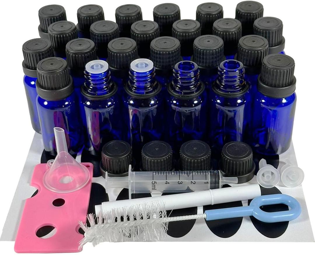 Bioll 15ml (1/2 oz) Essential Oil Dropper Glass Bottle. Refillable Sample Bottles Vials With Orifice Reducer Dropper And Cap For Perfume And Aromatherapy Oils -24Pack (Blue)