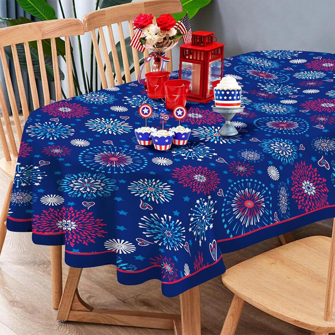 Spring Summer Tablecloth Waterproof Fabric Oblong Oval Tablecloths, 4th of July Tablecloth Oval 54 x 72 Patriotic Red White and Blue for Independence Day Memorial Day Veterans Day