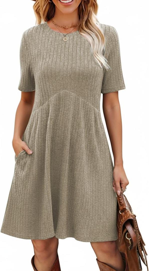 Ulovmi Women's Summer Casual Flowy A-Line Dresses Short Sleeve Ribbed Knit Swing Dress T-Shirt Sundress with Pockets (Green, S)