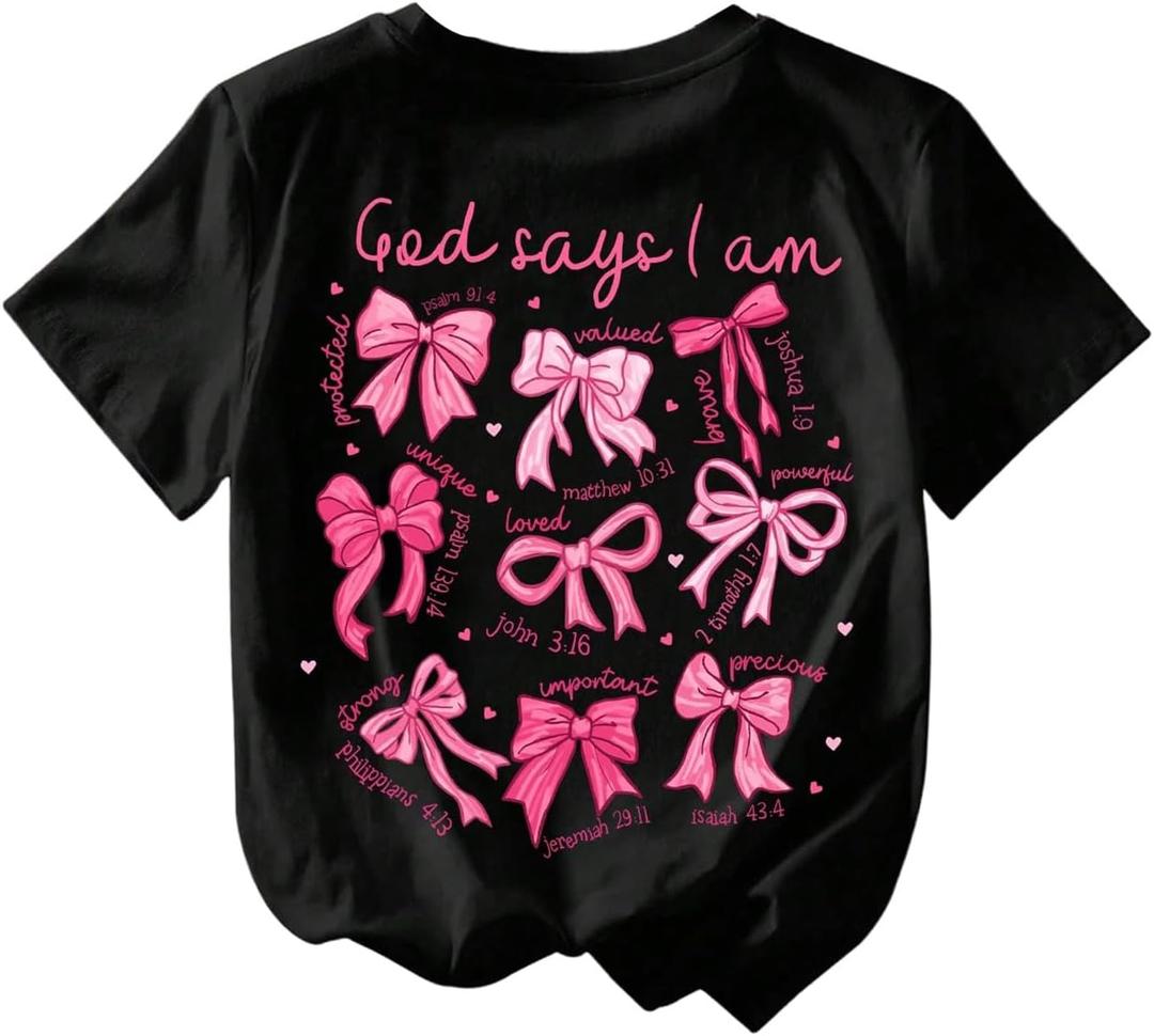 SOLY HUX Girl's Summer Short Sleeve Bow Graphic Tee Shirts | Crew Neck, Loose Fit, Casual, Cute Tops For Teens, Preppy Clothes For Girls 10-12 (Black)