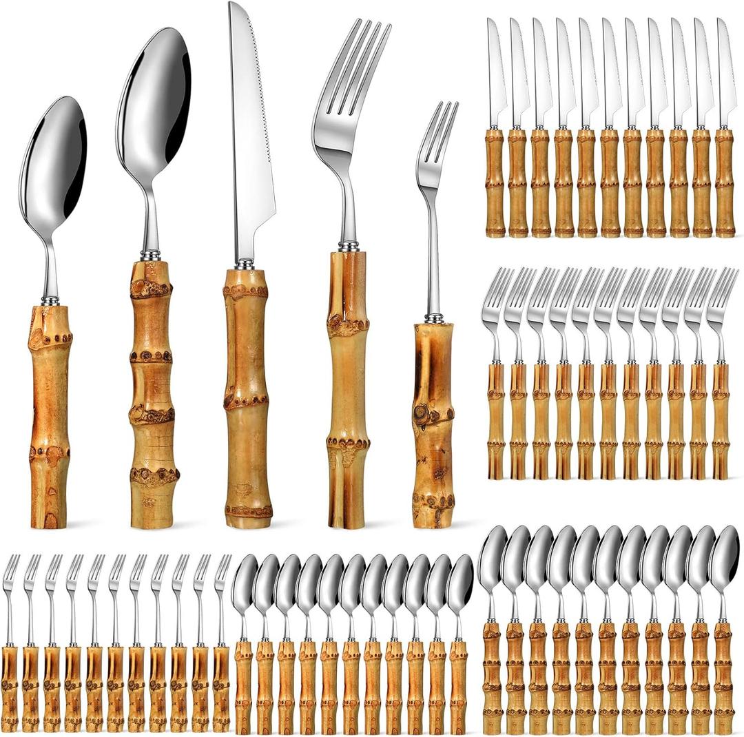Eboot Bamboo Silverware Set 18/8 Stainless Steel Tableware Set Natural Utensil Flatware Kit Spoon Fork Knives Bamboo Handle Cutlery for Kitchen Wedding Home Restaurant Party(Silver,60 Pieces)