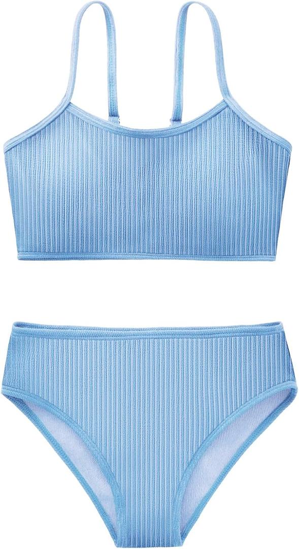 Girl's 2 Piece Swimsuit Solid Spaghetti Strap Bikini Sets Beach Bathing Suit Swimwear for Teen Kids (15-16 Years, Blue)