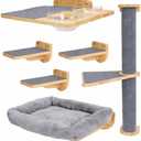 Wondering Whiskers Cat Wall Shelves – Cat Wall Climber with Cat Scratch Post, Removable Bed, Climbing Steps, and Feeding Terrace with Glass Bowls, Waterproof Rubberwood Pet Furniture