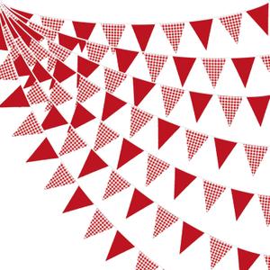 32Ft Red Gingham Party Decorations Red White Plaid Checkered Triangle Flag Pennant Fabric Garland for Birthday Baby Shower Carnival Picnic Pizza Hot Dog Farm Apple Italian Summer Party Supplies