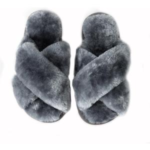 Enteer Girls Fluffy Slippers Memory Foam Soft Plush Cross Band House Shoes Indoor Outdoor Slip On (Gray)