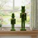 Weysat 2 Pcs Flocked Easter Nutcracker Figure Wooden Moss Nutcracker Figures with Straw Woven Bow Easter Ornament for Festival Party Gift Shelves Table Desktop Fireplace Decor, 10inch, 15inch