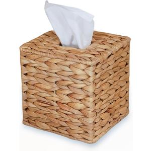 Water Hyacinth Handwoven Tissue Box Cover, Natural Handmade Wicker Napkin Box Holder, Handcrafted Square Facial Tissue, Rustic Decorative on Table and Bathroom, Office, Boho Decorative