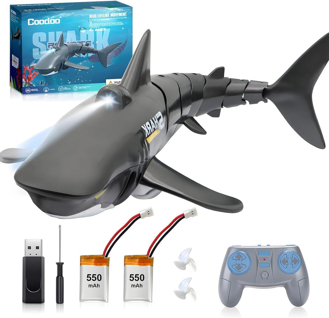 2.4G Remote Control Shark Toy 1:18 Scale High Simulation Shark for Swimming Pool Bathroom Great Gift RC Boat Toys for 6+ Year Old Boys and Girls (with 2 Batteries)