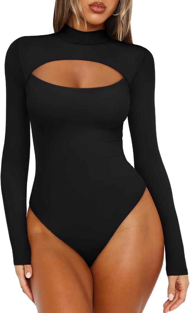 REORIA Women's Mock Neck Cutout Front Bodysuit Trendy Going Out Long Sleeve Body Suits Tops Fall Outfits 2025 (Medium, Black)