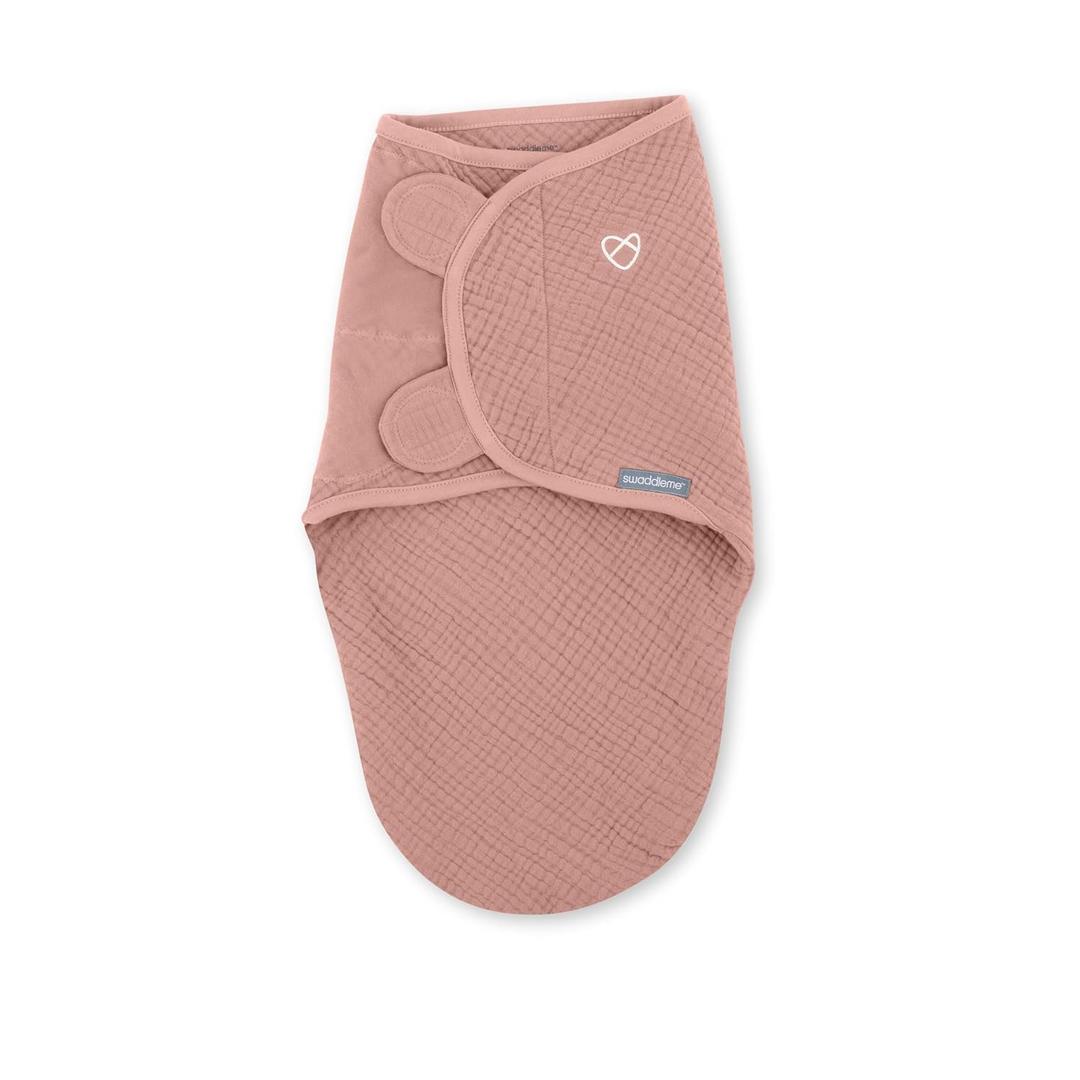 SwaddleMe by Ingenuity Muslin Original Swaddle, 100% Cotton, Size Small/Medium, for Ages 0-3 Months, 7-14 Pounds, Up to 26 Inches Long, 1.5 TOG - Blush