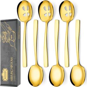 6 Piece Stainless Steel Serving Spoons Set - 3 Large, 3 Slotted, 9.2-Inch, Dishwasher Safe, for Parties/Kitchen/Buffet/Catering,Gold
