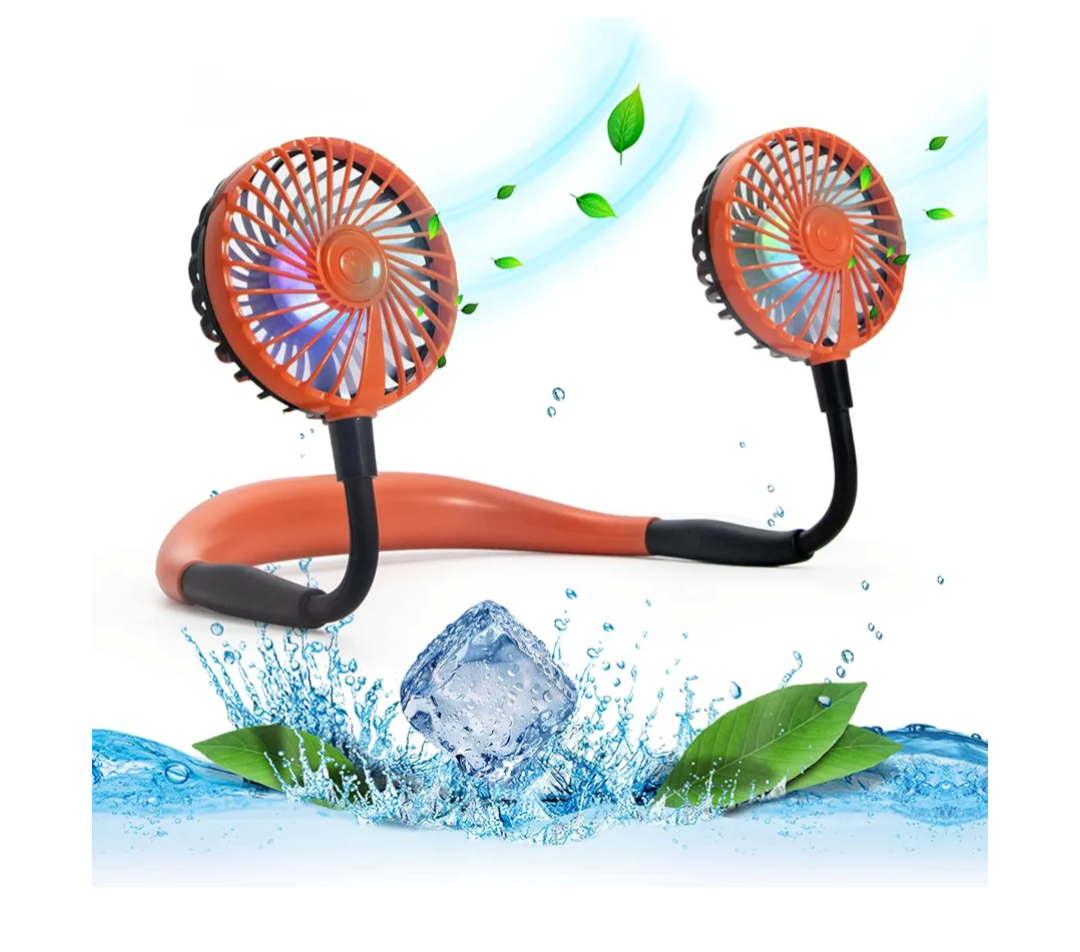 VAGAU Portable Cooling Neck Fan, Rechargeable USB With Colorful LED Lights, 360 Rotation, Wearable Air Conditioner for Office Travel Sport, 3 Adjustable Speeds (Orange)