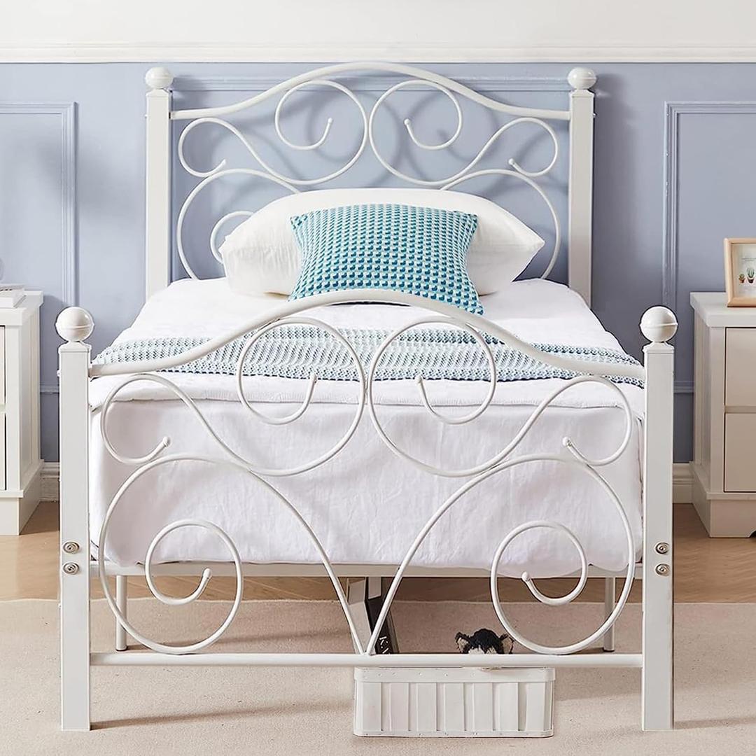VECELO Twin Size Bed Frame with Headboard and Footboard, Heavy Duty Metal Slat Support, Platform Mattress Foundation, No Box Spring Needed, Easy Assembly, White