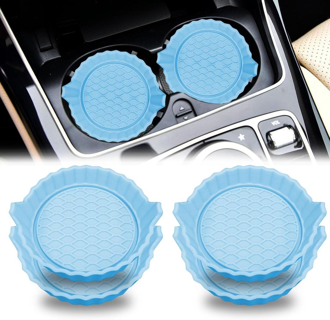 2 x Car Cup Holder Coaster, Non-Slip Car Cup Holder Coasters, Universal Car Cup Holder Insert, Car Interior Accessories Mat(Sky Blue diamonless, 4 Pack)