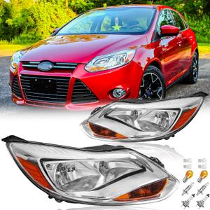 Headlights Assembly Pair with Bulbs for 2012 2013 2014 Ford Focus Halogen Front Headlamps Head Lights Replacement Driver and Passenger Side (LH RH),Chrome Housing Amber Reflector