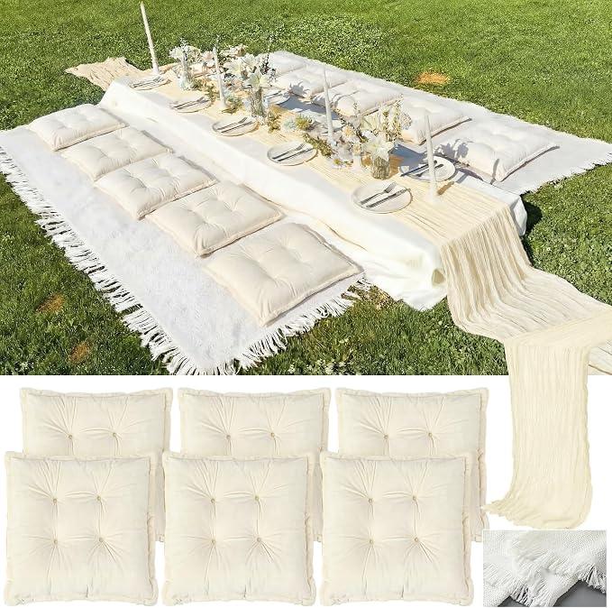 8 Pcs Fit for 6 People 91 x 71'' Extra Large Outdoor Picnic Blanket with Light Camel Table Runner and Floor Pillow Cushion Fit for 6 People Picnic Wedding Birthday Baby Shower Backyard Decor, Light Beige