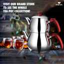 Hakan Teapot Set 107 Oz with Self Strainer Double Lids, Stainless Steel Maxi Double Bondy Tea Pot Set 3.2 L, 3.3-Quart, Turkish Samovar Style, Tea Kettle for Loose Leaf Tea with Red Bakelite Handle