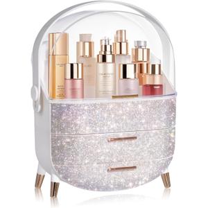 MASSY Egg Shape(Oval) Makeup Storage Box, Countertop Portable Vanity Cosmetics Organizer Preppy Style (Rhinestone White)