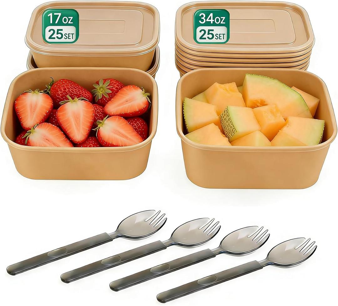 34oz+17oz Meal Prep Containers Disposable with Lids Food Containers | 50 Pack Disposable Kraft Paper Bowls, Lids & Sporks, Leak-Proof, Microwavable and Freezer Friendly for To Go, Take Out, 25 Count 34oz + 25 Count 17oz