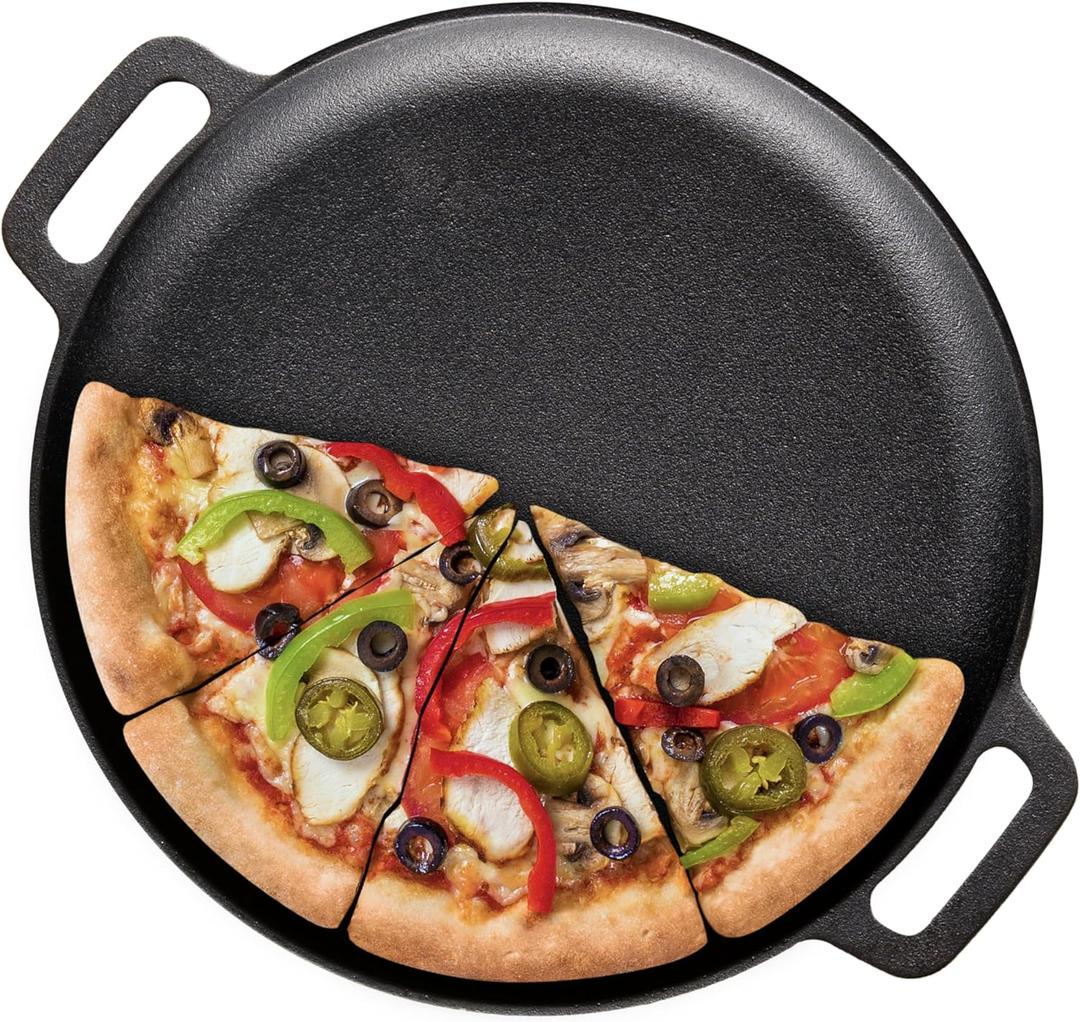 Bruntmor 12-Inch Pre-Seasoned Cast Iron Skillet Pizza Pan - Heavy-Duty Cast Iron Frying Pan with Dual Handles - Oven Safe Griddle for Stove, Campfire, and Outdoor Cooking (Round, Black)