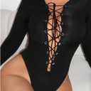 WDIRARA Women's Lace Up Deep V Neck Bodysuit Long Sleeve Criss Cross Sexy Body Suit (Black, S)