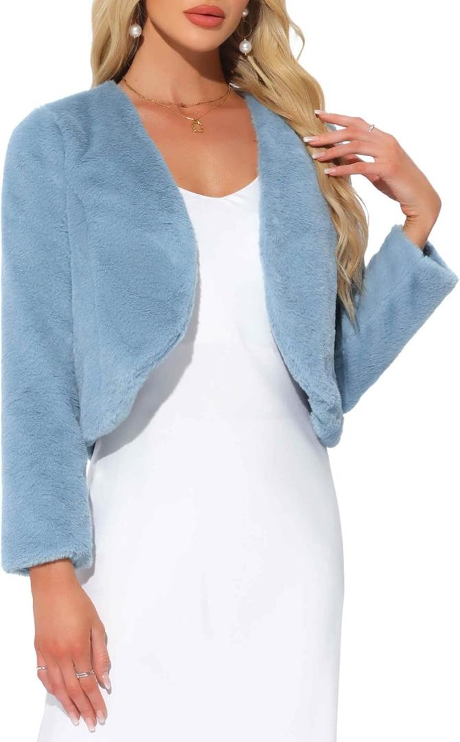 Allegra K Cropped Jacket for Women's Faux Fur with Pockets Long Sleeve Open Front Wedding Bolero Gowns Coat S