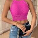 WDIRARA Women's Eyelet Halter Crop Top Lace Embroidery Slim Fitted Tops (Pink)