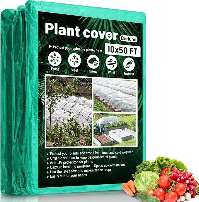 Berlune Plant Covers Freeze Protection Frost Blankets Plant Covers for Winter Protection Frost Cloth Floating Row Cover for Outdoor Garden Raised Bed Frost Snow Protection (Green,10 ft x 50 ft)