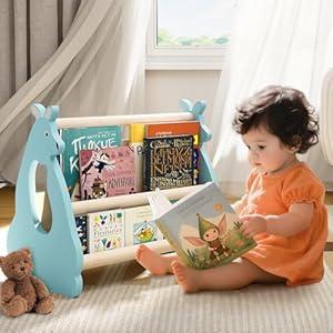 Lullulii Double Sided Kids Bookshelf – 2 Tier Portable Toddler Bookshelf, Book Shelf for Kids Rooms & Playroom, Cute Kangaroo Design Wooden Montessori Baby Bookshelf, Toddler Book Display Shelves, Blue