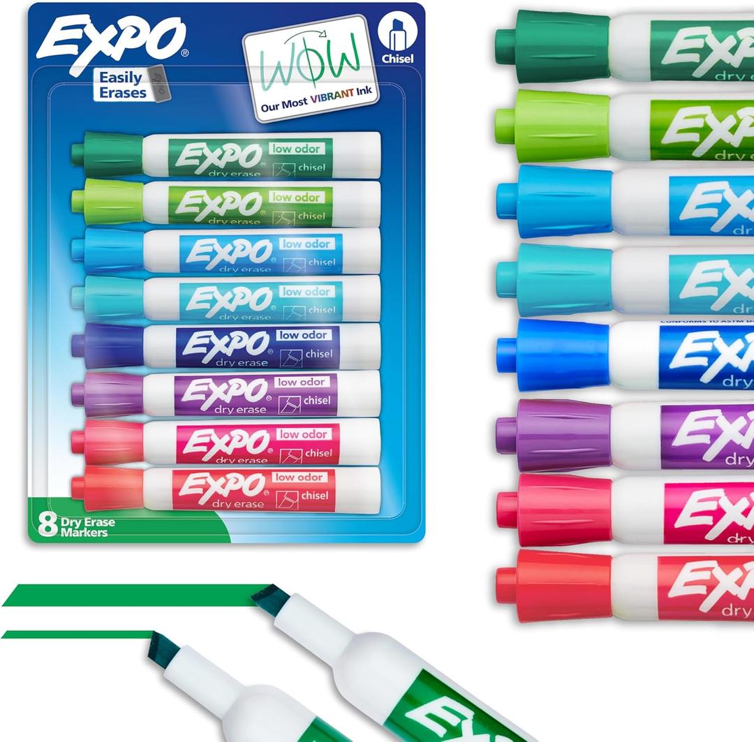 EXPO Dry Erase Markers, Low Odor Ink, Assorted Colors, Chisel Tip, 8 Count - Whiteboard, Calendar, Organization, Essential Supplies for Office, School, Classroom, Teachers