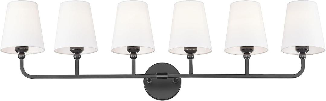 Bathroom Light Fixtures, 42 Inch Matte Black Vanity Lights with Flared White Fabric Shade, 6-Light Wall Sconce, Modern Sconces Wall Lighting for Hallway Bedroom, VL837-MB-6