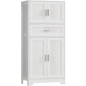 TEENFON Bathroom Storage Cabinet with Adjustable Shelf & Large Drawer, Tall Storage Cabinet with 4 Doors, Kitchen Pantry Storage Cabinets, for Living Room, Dining Room, Home Office, Entryway, White