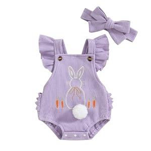 VISGOGO Easter Baby Girl Outfit Rompers Infant Bunny Clothes Carrot Embroidery Backless Easter Onesie (Purple, 3-6 Months)