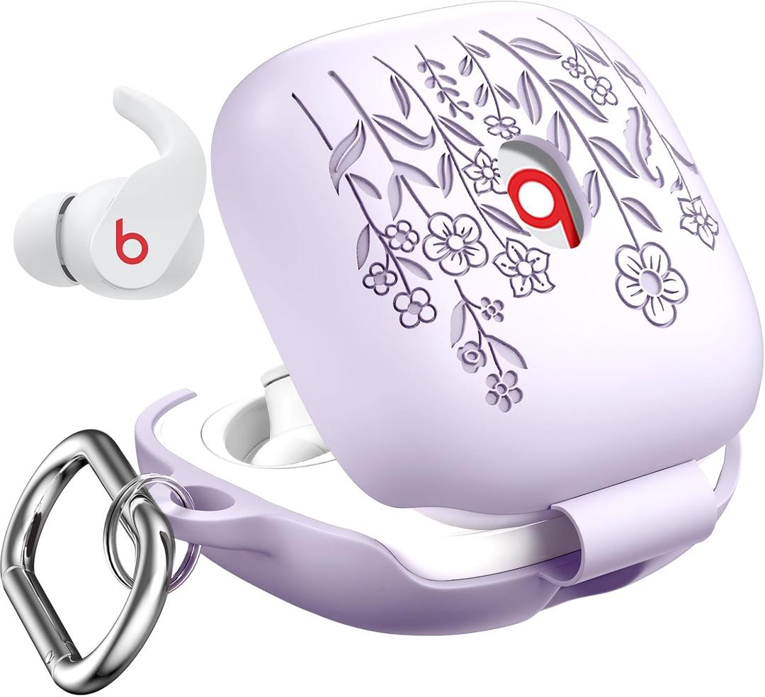 VISOOM Case for Beats Fit Pro 2 Cover Women,Cute Flower Engraved Beats Pro Earbuds Headphones Case for Apple Beats Fit Pro 2 2021 Soft Silicone Beats Case Fit Pro with Keychain for Women